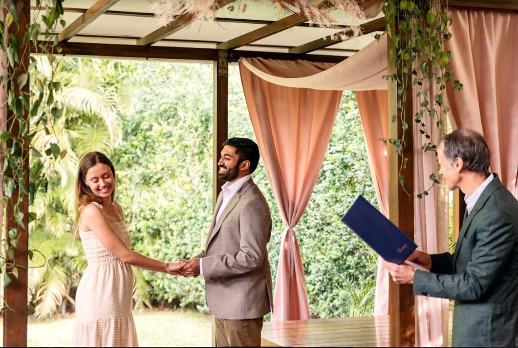 elopement Celebrants Brisbane, With Love Elopements performing a wedding at their beautiful Elopement Deck
