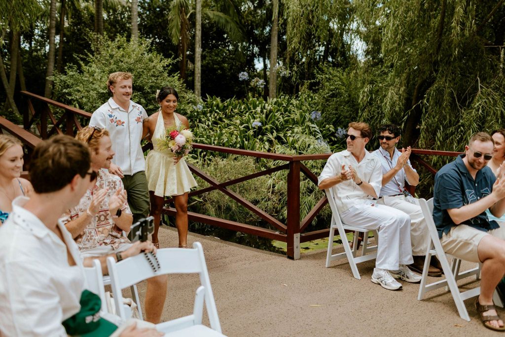 small wedding arrival together