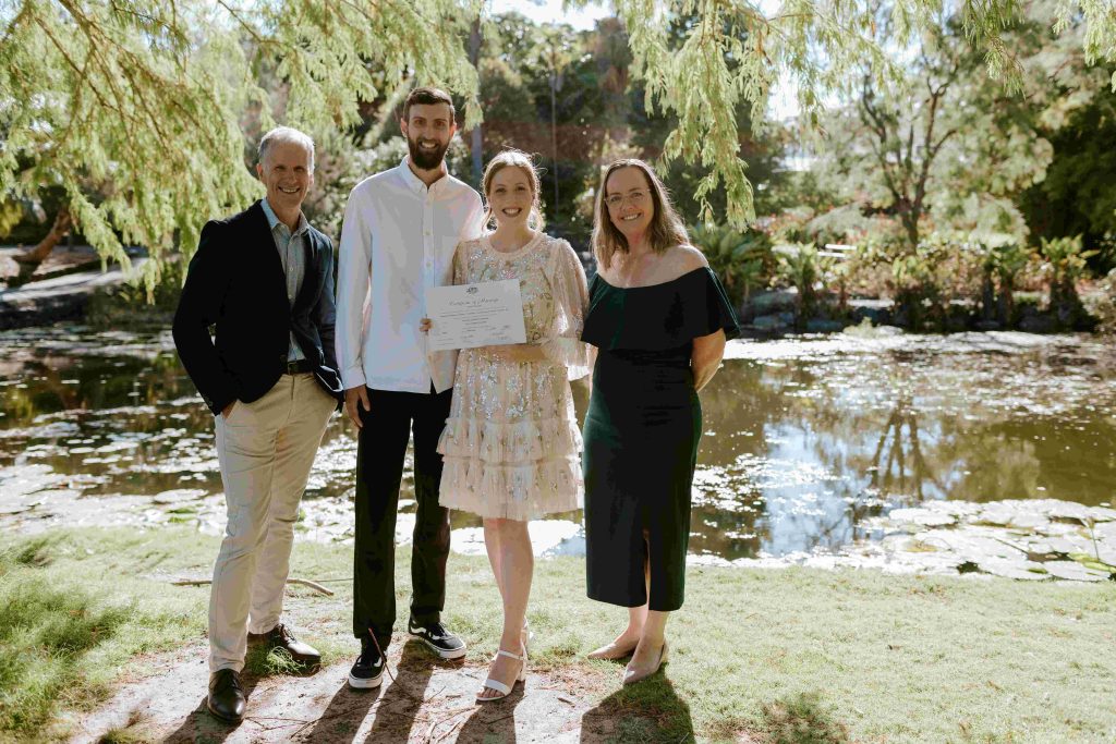 get married abroad in Brisbane Australia couple pictured with elopement Celebrants Jamie and Cara of With Love Elopements