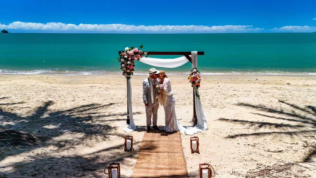 just married Palm Cove beach wedding ceremony